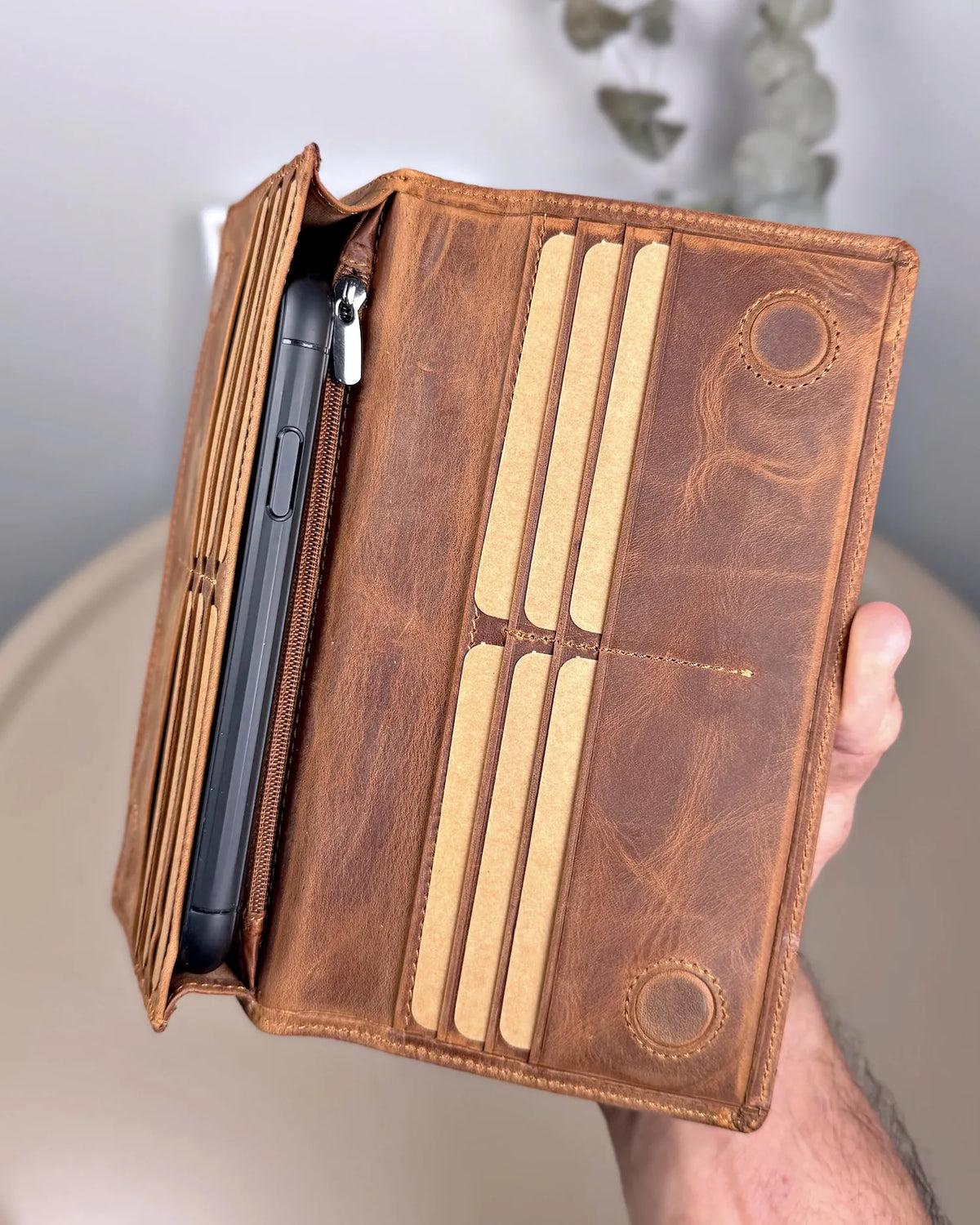 Shanghai Vintage Brown Genuine Leather Phone Wallet with Hand Strap