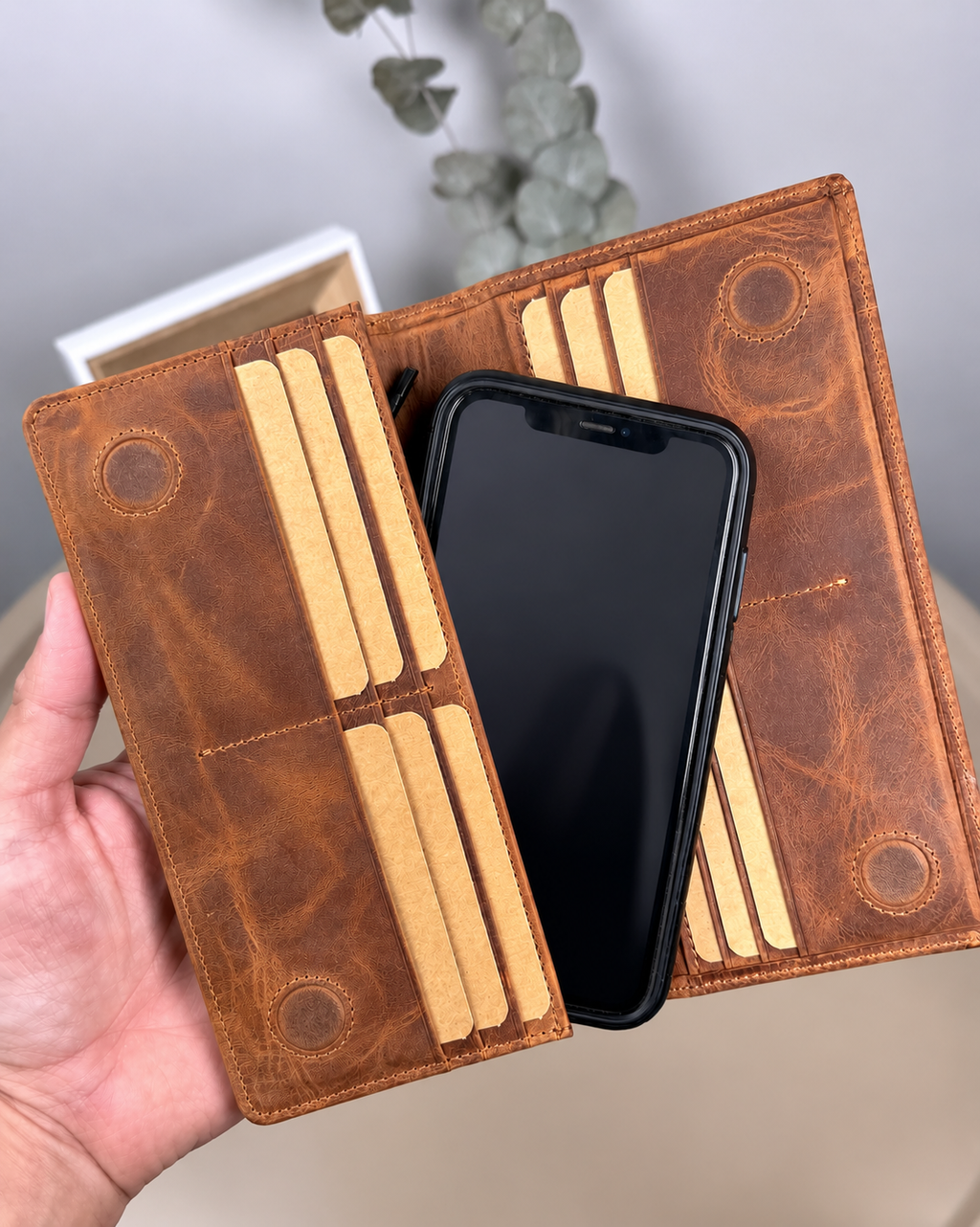Shanghai Vintage Brown Genuine Leather Phone Wallet with Hand Strap