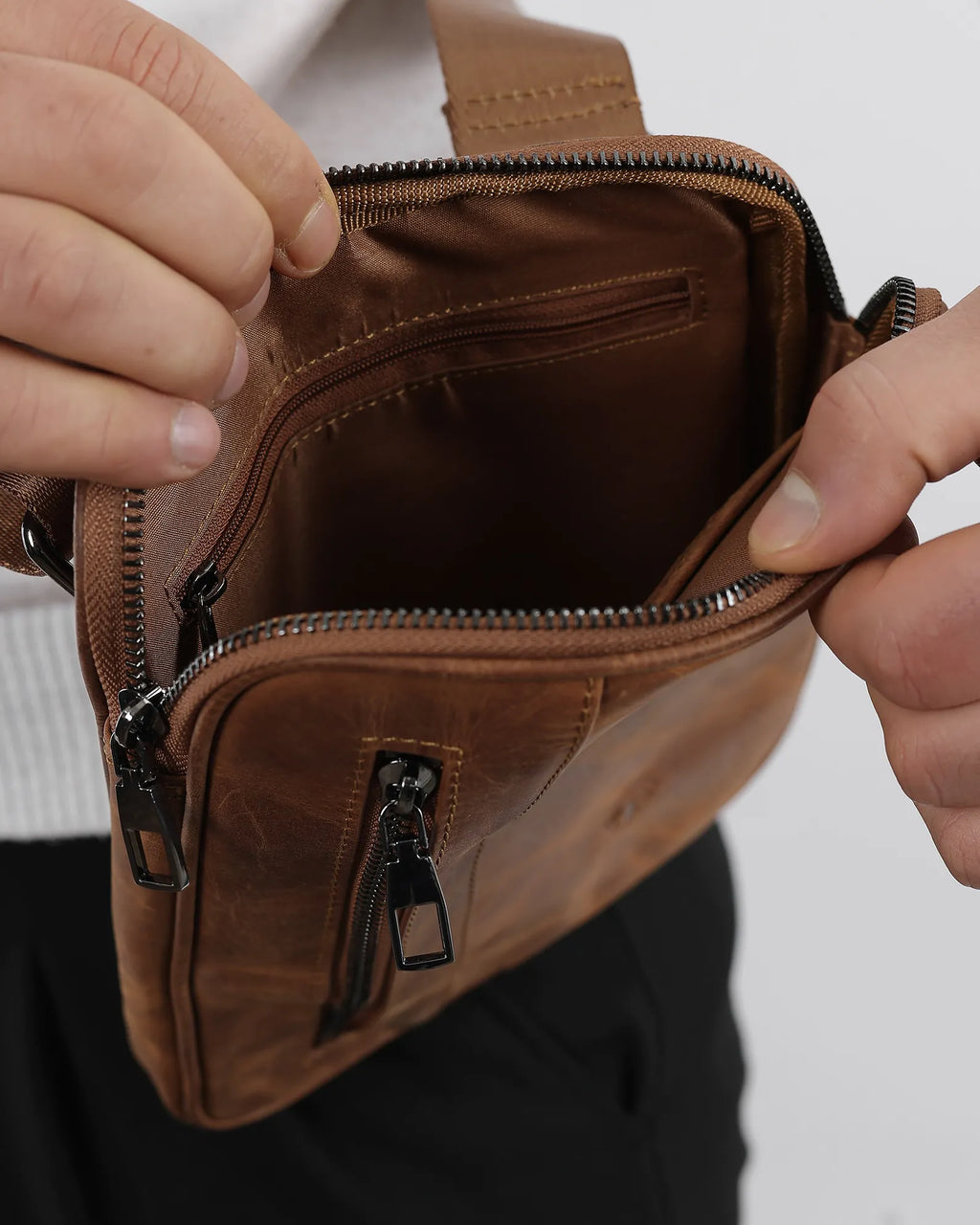 Bishkek Premium Genuine Brown Leather Zipper Crossbody Bag