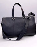 Swieqi Classic Black Genuine Leather Zip Travel Duffle Bag