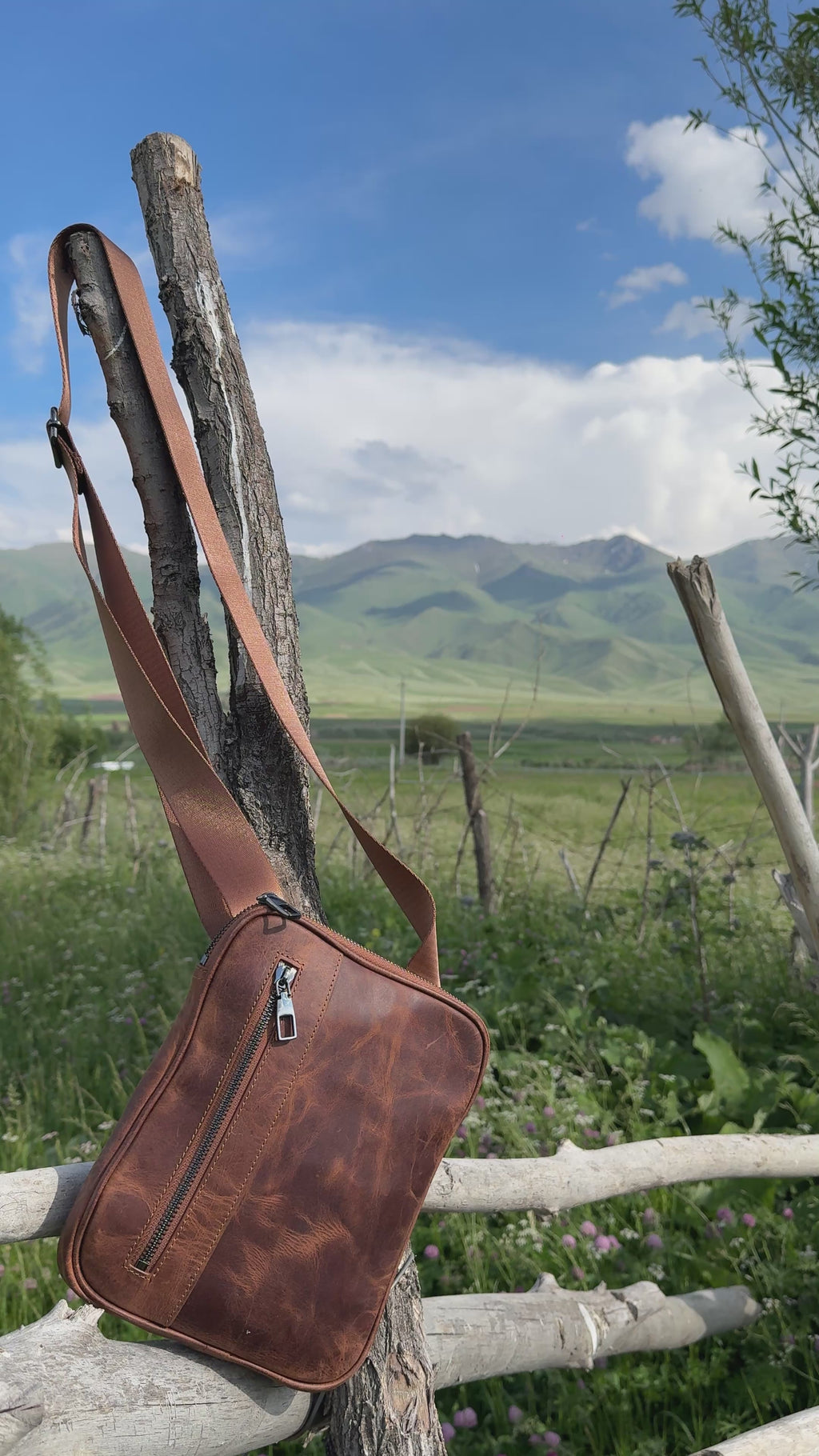 Bishkek Premium Genuine Brown Leather Zipper Crossbody Bag